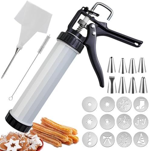 Homethrive Gebäckpresse für Spritzgebäck Spritzgebäck Presse Churros Maker Presse Maschine Spritze Kekspress mit 12 Schablonen,8 Tüllen und Spritzbeutel, Teigspritze Plätzchenpresse für Kuchen Kekse