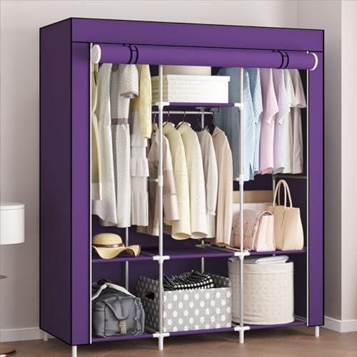 Tragbarer lila Stoffschrank für Schlafzimmer, offene temporäre Aufbewahrungslösung, kleiner Kleiderschrank mit Regalen für begrenzten Platz, ideal für kleine Räume und Organisation