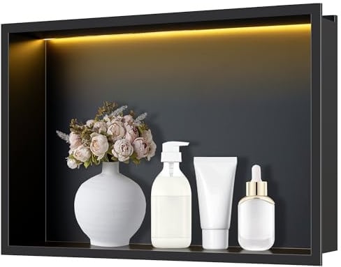 FTL Nicchia da Parete per Doccia in Acciaio Inox con Luce LED 45x30cm,Nero Nicchia da Doccia Incasso con 3000K Bianco Caldo LED,Senza Piastrelle,Impermeabile Nicchia per Bagno