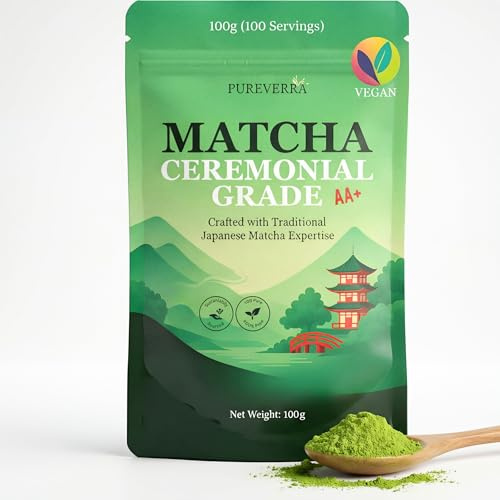 PureVerra Matcha Powder, Ceremonial Grade 100% Pure 100g (100 Servings), AA+ Premium Matcha Tea Powder, Perfect for Lattes & Smoothies, Vegan