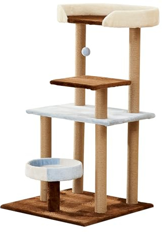 Snoekie Kratzbaum für Katzen, 113 cm hoch, mehrere Ebenen mit Kuschelmulde, Liegeplattform & Spielball, Stabiler Kratzbaum aus MDF & Plüsch, braun-beige-blau