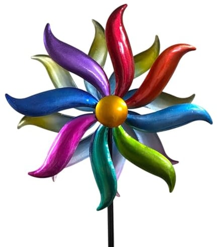 Kremers Schatzkiste Windrad Garten Metall bunt kugelgelagert Windspiel Ø 30 cm / 120 cm mit Erdspieß | Wetterfeste Gartendeko für Beet, Rasen & Terrasse | Vogelabwehr