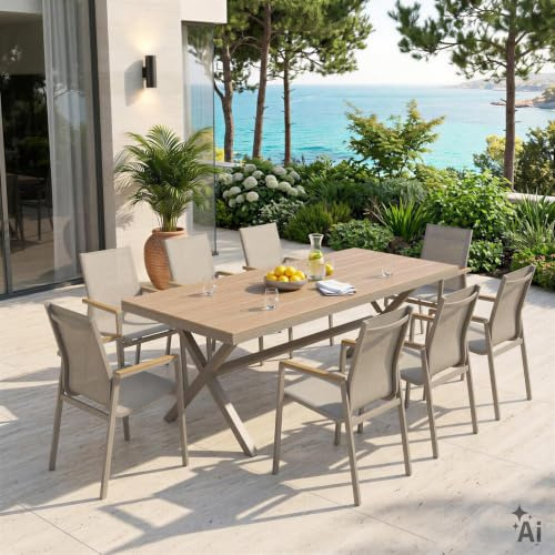 Gartenmöbel Set WINDY mit 1 Tisch und 8 Stühlen, Kaschmir/Champagner - Terrassenset aus Alu und WPC, Outdoor Esstisch Set in Holzoptik, Stühle mit Netz witterungsbeständig bespannt, Gartensitzgruppe