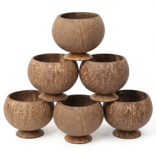 Ginwrek Paquete de 6 tazas de coco natural, tazas de coco para fiestas, cuencos ecológicos para bebidas, postres y fiestas hawaianas