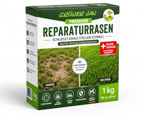 Premium Reparaturrasen 1 kg mit Rasendünger – Schnellkeimende Rasensamen für kahle Stellen – Nachsaat & Rasenreparatur – Dichter, strapazierfähiger Rasen – Made in Germany – bis ca. 40 m²