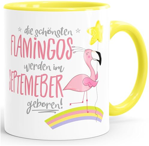 MoonWorks Geschenk-Tasse die schönsten Flamingos werden im (style_variation) geboren Geburtstags-Tasse Geburtstmonat Wunschmonat Kaffee-Tasse Hellgelb unisize