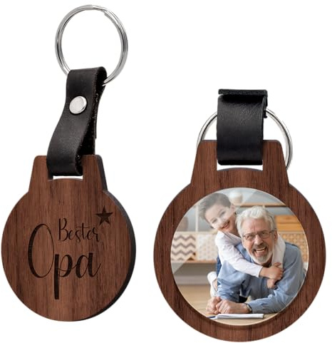 CHRISCK design Bester Opa Schlüsselanhänger mit Foto und Gravur aus Voll Holz - absolut kratzfest! Personalisierter Anhänger mit vielen Motiven z.B. für Bruder Oma Paare - Geschenk Geburtstag