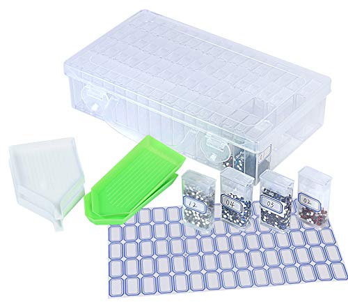 KATOOM 64 Fächer Diamant Stickerei Sortierbox 71tlg Diamond Painting Zubehör mit Aufbewahrungsbox Kleinteile Kunststoff Dosen Schmuck Organizer für Nägel Strass Perlen DIY Handwerk