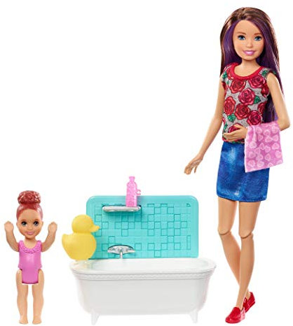 Barbie - Coffret Babysitter - Heure du Bain - Coffret Poupee - Comprend 1 Poupee, 1 Bebe, 1 Baignoire + des Accessoires