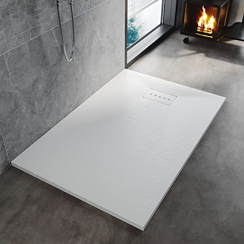 ELEGANT 1400x800mm White Slate Effect Lightweight Slate Shower Base Rectangular Grain Shower Enclosure Tray with Waste Trap