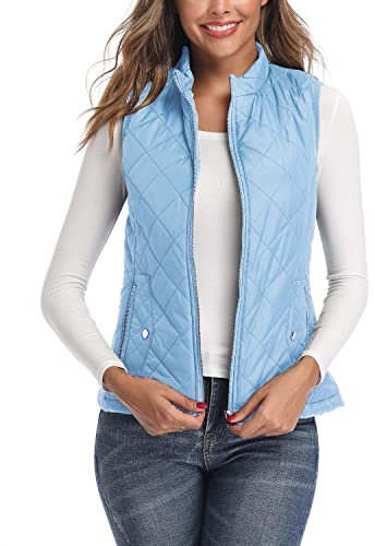 LK Women's Padded Vest, Stand Collar Lightweight Zip Quilted Gilet Light Blue L