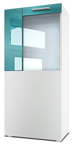 Vladon Stand-/Hänge Vitrine Movie, Weiß matt/Petrol Hochglanz - Moderne Glasvitrine - (BxHxT): 50,5 x 111 x 32,5 cm