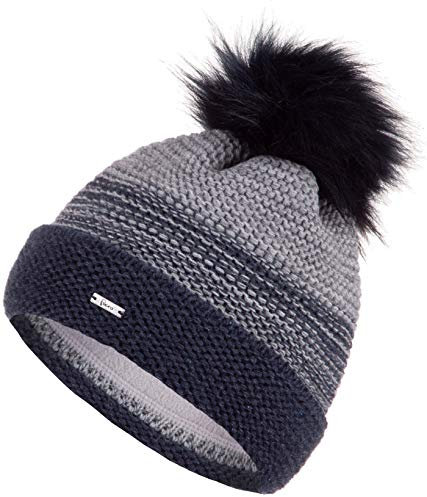 Faera Mütze Damen Wintermütze warm gefüttert mit Fleecefutter Kunstfell Bommelmütze Winter Herbst Bommel Strickmütze Beanie 60, Farbe:Blau