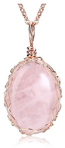 Jovivi Rose Quartz Necklace Womens Healing Crystal Pink Oval Gemstone Wire Wrapped Pendant Necklace Jewellery Gifts for Women