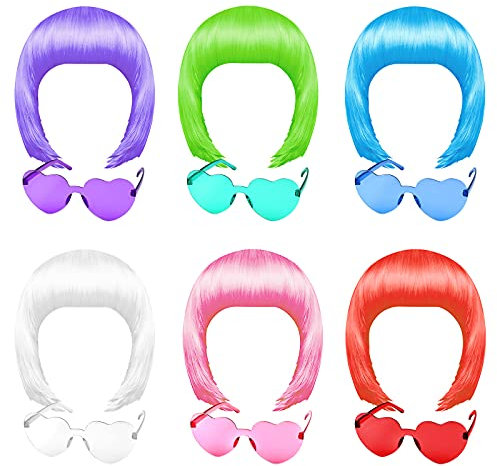 MIAHART 6 Stück kurze Bob-Perücke und 6 Stück Sonnenbrillen-Set, neonfarbene Perücken, bunte Cosplay-Perücken, tägliche Party-Haarteile für Junggesellinnenabschiede, leuchtet im Dunkeln
