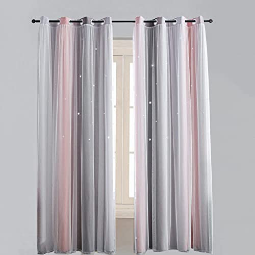 Lsimeru Gardinen Farbverlauf Blickdicht mit Sterne Muster Rosa Grau Doppelschicht Vorhänge Kinderzimmer Mädchen Prinzessin Ösenvorhange Verdunkelung Kinder Lang,132x270