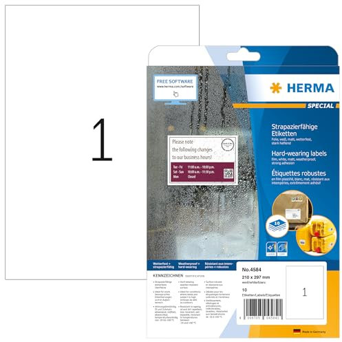 HERMA 4584 Wetterfeste Folienetiketten, 320 Blatt, 210 x 297 mm, 1 pro A4 Bogen, 320 Stück, selbstklebend, bedruckbar, matt, blanko Klebeetiketten Aufkleber aus Folie, weiß