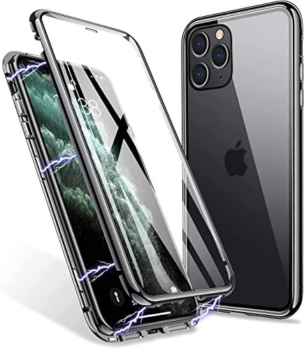 LONYAN Compatible with iPhone 11 Pro Case, Magnetic Adsorption Protective Hard Case Front and Back Tempered Glass Full Screen Coverage One-Piece Design Flip Cover (Black)