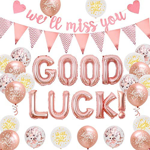 Ci mancherai Decorazioni in oro rosa per colleghe donne, decorazioni per feste pensionamento con striscione con palloncini portafortuna, ghirlanda triangolare per addio partenza cambio lavoro
