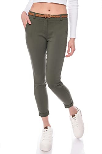 Kendindza Chino Damen Hose Stretch mit Gürtel Stoffhose Damen elegant lang (L, Khaki)
