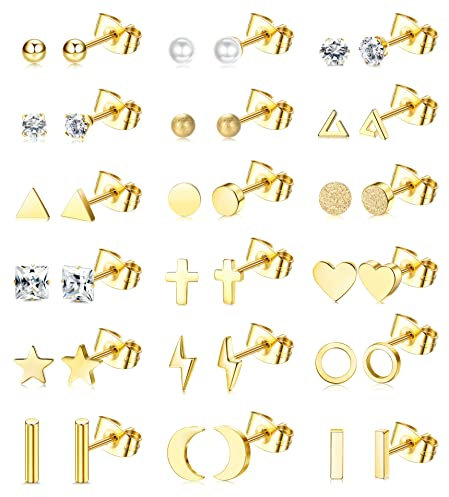 ORAZIO 18 Paar Ohrstecker Set für Damen Herren 316L Edelstahl Stern Mond Herz CZ Scheibe 20G Knorpelohrringe Hypoallergen Geometrische Ohrstecker Piercingschmuck Gold
