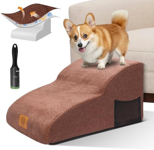MASTERTOP Hundetreppe 2 Stufen- Breiter Hunderampe Katzentreppe, Hochdichtem Schaumstoff Haustiertreppe für Kleinen Hund Teddy-Braun