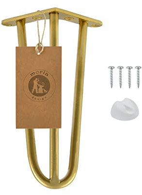 Moria Hairpin Leg 1 Stück | Möbelfüße, Tischbeine von 10 bis 80 cm | für Schrank, Hocker, Nachttisch, Couchtisch | Tischfüße mit Bodenschoner und Schrauben | 20 cm - 3 Streben (Metall, Gold)