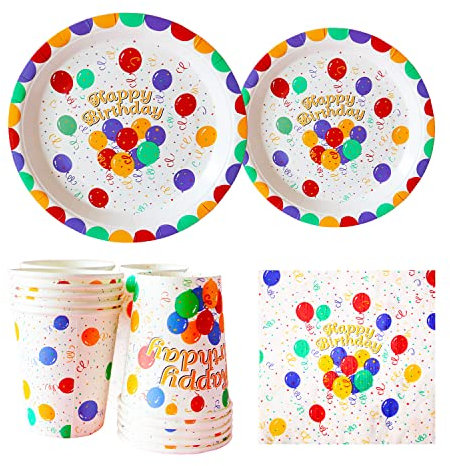 Rainbow Birthday Party Tableware Set, 80PCS Ballon Happy Birthday Colourful Party Supplies Includes Paper Party Plates Cups Napkins for Kids Birthday, Baby Shower Themed Party Decorations (20Guests)