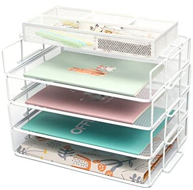 Exerz Drahtgeflecht Papiersortierer 4 Stück Etagen/Schreibtisch Multifunktionaler Organizer/Aktenhalter Briefablage Stapelbar für Büro, Schule, Studium, 2-in-1 Schublade