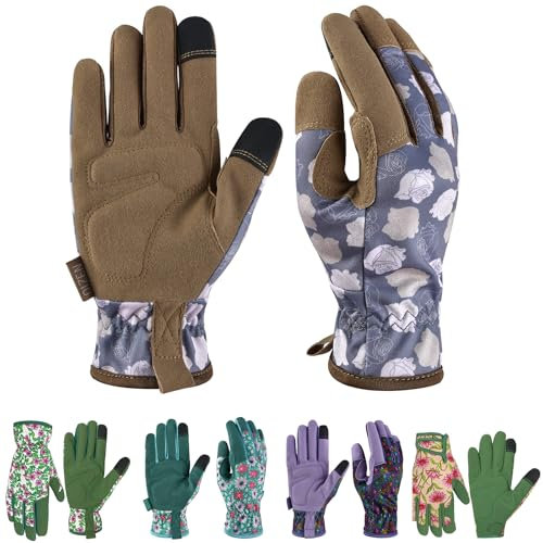 OIZEN Gartenhandschuhe für Frauen und Männer, Touchscreen Gartenhandschuhe, Dornenfeste und Durchstichfeste Arbeitshandschuhe, Gartengeschenke für Frauen, Größe Klein (braune Blume, M)