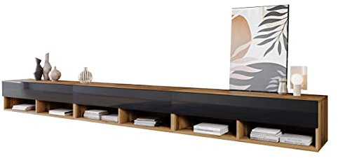 Mirjan24 TV Lowboard Jumbo 300, TV Schrank Fernsehschrank, Griffloses Öffnen, Fernsehtisch, Man kann aufstellen BZW aufhängen (Wotan/Schwarz, mit LED Beleuchtung)