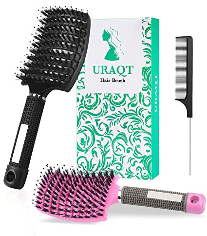 URAQT Haarbürste, Profi Entwirrungsbürste mit Griff, Haarbürste ohne Ziepen, Wildschweinborsten Haarstyling Bürste für Locken Lange Feine Dicke Lockige Haare (M-schwarz+rosa)