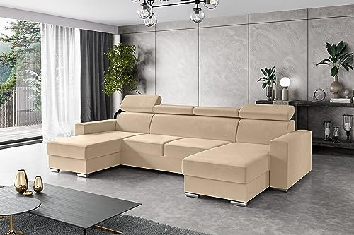 ALTDECOR Ecksofa in U-Form mit Schlaffunktion und Bettkasten mit Gasdruckfeder, Polstercouch Wohnlandschaft rückenecht gepolstert, ideal als Gästebett - FIX - 306x168 cm Beige