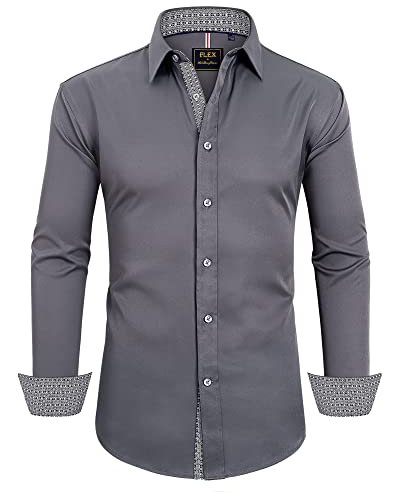 siliteelon Hemden für Herren Langarm Bügelleicht Büro Arbeit Businesshemd Regular Fit Anzughemd Mit Tasche Pflegefreies Businesshemd Grau XL