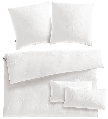 Pure Label Musselin Bettwäsche 200x220 5teilig bestehend aus einem Bettbezug 200x220 cm + Kissenbezug 80x80 2er Set + 40x80 Kissenbezug 2er Set aus Baumwolle - Kuschelige Bettwäsche in weiß