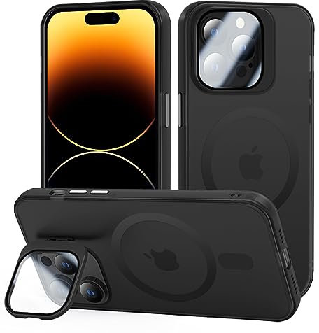 tigratigro Cover con Cavalletto,Compatibile con iPhone 15 Pro,Protezione Fotocamera H9 vetro temperato,Custodia Posteriore Glassata Traslucida, Anti-Impronte,Sensazione di Velluto (Grafite Nero)