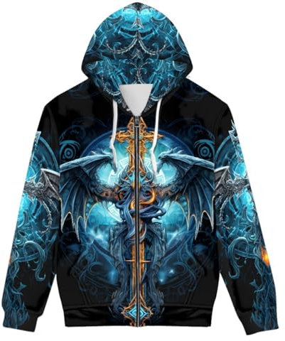 GLUDEAR Unisex Realistischer 3D-Digitaldruck Full Zip Hoodie Jacken Kapuzen-Sweatshirt, Drachen-Kreuz, X-Large