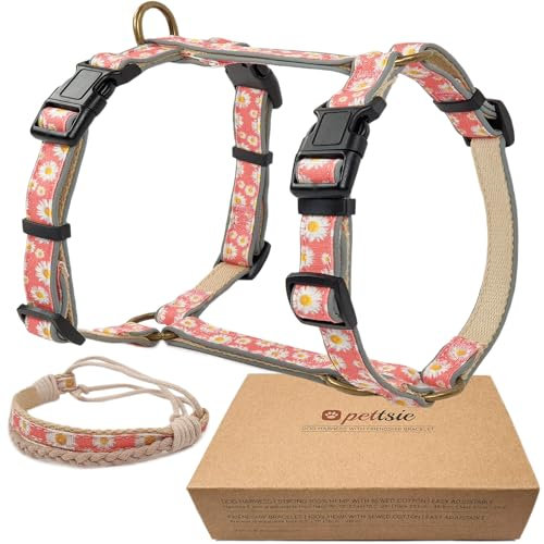 Pettsie No-Pull Hundegeschirr, reflektierend, 4 verstellbare Riemen, einfache Kontrolle mit 2 Leinenclips, passendes Freundschaftsarmband, weicher Hanf für empfindliche Haut, attraktive Verpackung, L