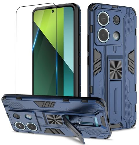Btstring Funda para Xiaomi Redmi Note 13 Pro 5G con Cristal Templado Protector Pantalla, Carcasa Protectora Antigolpes con Soporte Reforzado- Azul