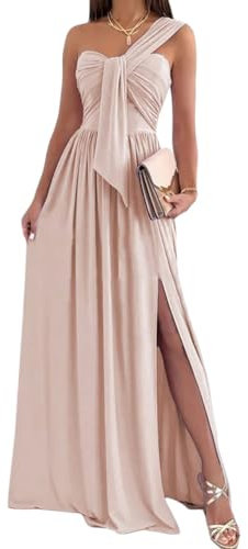 ORANDESIGNE Robe De Soiree Femme Chic Et Glamour Longue Elegant Ceremonie Mariage Robe Cocktail Une Seule Manche Épaules Dénudées Maxi Dress D Rose M
