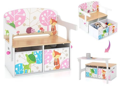 GYMAX 3 in 1 Kids Storage Bench, Wooden Toddler Table and Chair Set with 2 Removable Fabric Bins, Convertible Toy Storage Box for Living Room Playroom Bedroom (White)