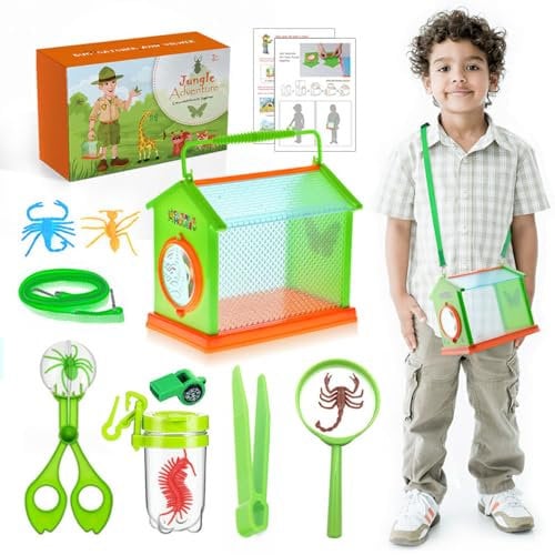yeemeen Lupe Insekten Sammelbox, Insekten Beobachtungsbox, Forscherset für Kinder mit Insektenfänger, Becherlupe, Pinzetten, Pfeife mit Kompass