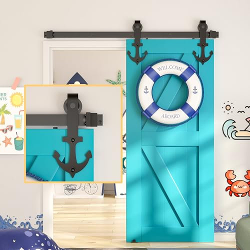 SKYSEN Schiebetür Komplettset 150cm Anker-Form Schiebetürbeschlag für Schiebetürsystem mit Bodenführung, Schiebetür Schiene Perfekt Raumspart Raumtrenner für Innentüren, Zimmertür, Kellertür, Holztür