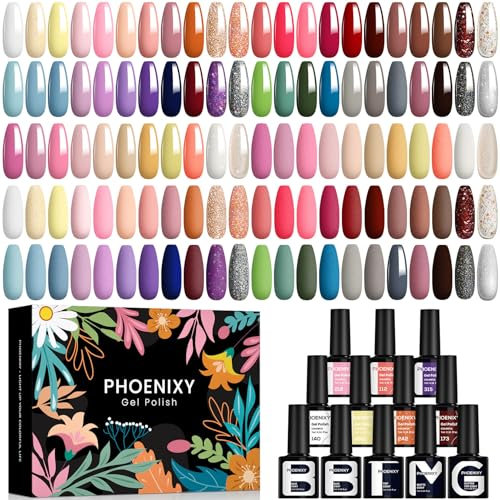 Phoenixy Gel Nail Polish - 60pcs 7ml Gel Nail Polish Set UV Soak-off Nail Polish with Base Coat and Glossy Matte Glitter Top Coat Nail Varnish Sets Manicure Kit for Women