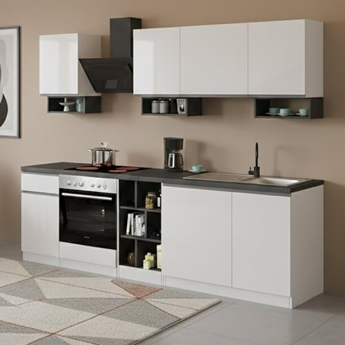 Dmora - Vollständige Küche Rudolf, Set mit Speisekammer, Küchenzeile Schrank, Linearer Blocksatz, 100% Made in Italy, 255x60h85 cm, Glänzendes Weiß und Schiefer