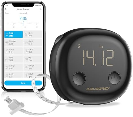 ABLEGRID Smartes Körpermaß, wiederaufladbares Körpermaßband mit Fitdays-App, präzises einziehbares digitales Körpermessgerät für Muskelzunahme, Gewichtsverlust, Fitness, Verriegelung, 150 cm
