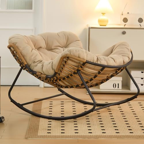 HARELA Rattan Schaukelstuhl, Schaukelstuhl Wohnzimmer Moderner Schlafzimmer, Schwingsessel mit Gestell und Kissen, Schaukelstuhl für Schlafzimmer, Wohnzimmer, Balkon, Outdoor(Beige)