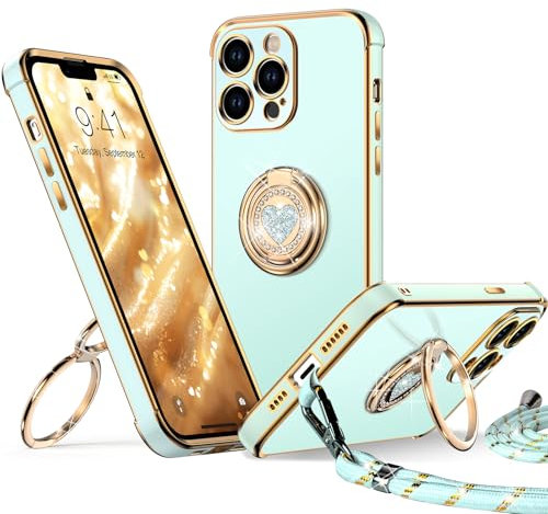 XYZ for iPhone 12 Pro Max Case with Stand, Heart Lanyard for Girls Women, Luxury Cute Bling Protective Cover for iPhone 12 Pro, Green