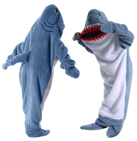 Hai Decke Mit Ärmeln, Shark Blanket Flanell mit Kapuze, Hai Decken Hoodie, Blau Hai Schlafsack mit Füßen, Hai Kostüm Geschenk für Cartoon Pyjamapartys, Tragbare Decke für Erwachsene und Kinder, L