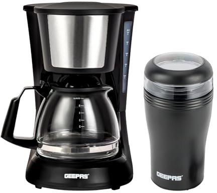 GEEPAS 750ml Filter Coffee Machine and 150W Coffee Grinder Food Processor Combo Set | Keep Warm & Anti-Drip Function Reusable Nylon Filter, 40g Detachable Bowl, Black
